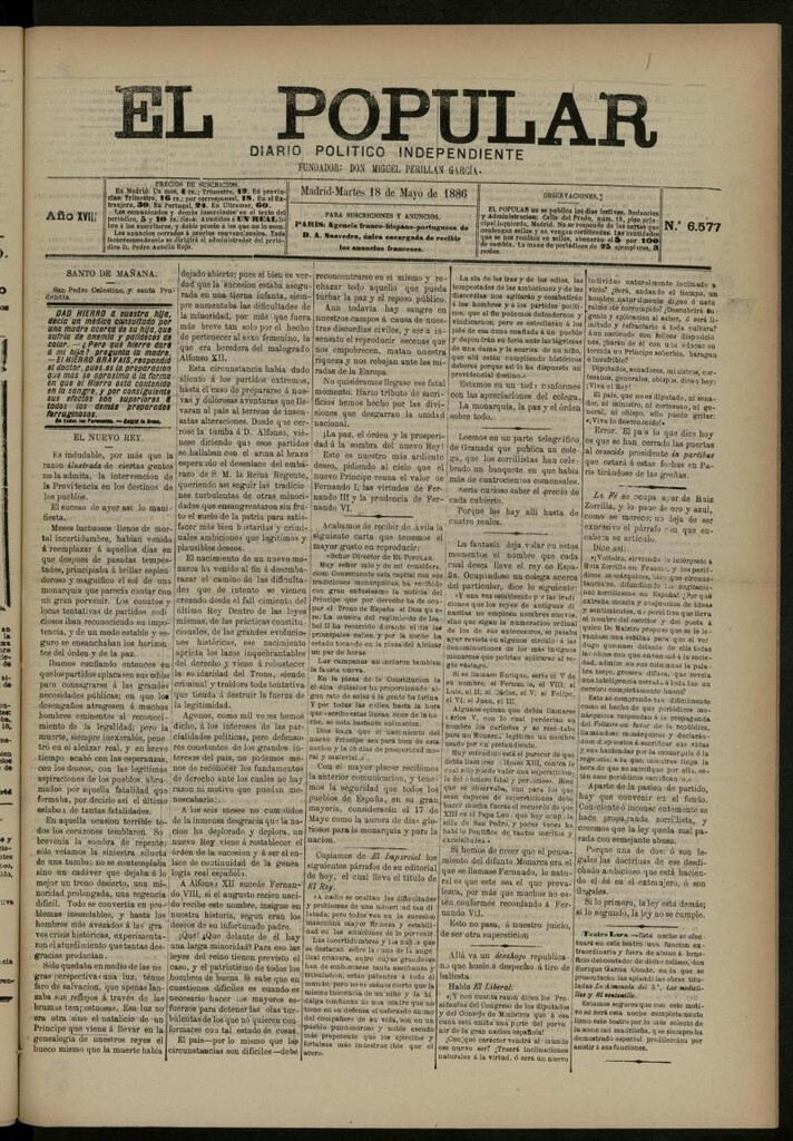 Miniatura de El Popular: diario independiente, político, literario y de noticias de interés general del 18 de mayo de 1886, nº 6577