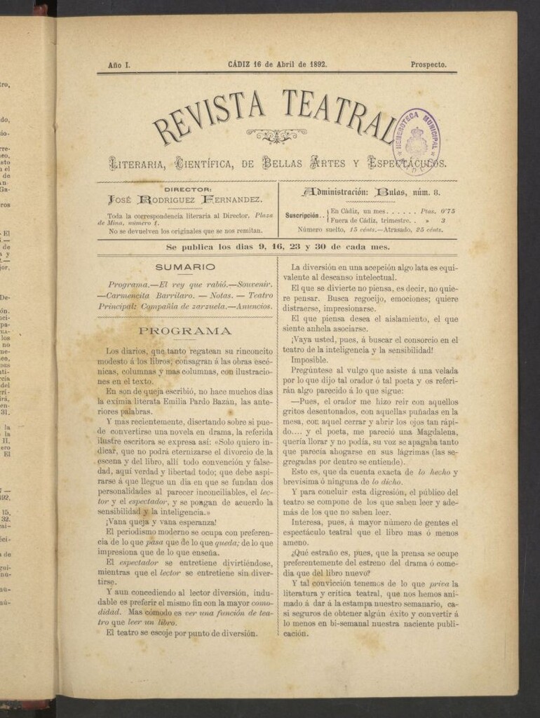 Miniatura de Revista Teatral, Literaria, Científica, de Bellas Artes y Espectáculos. 1892 Prospecto