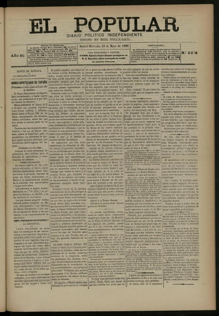 Miniatura de El Popular: diario independiente, político, literario y de noticias de interés general del 19 de mayo de 1886, nº 6578
