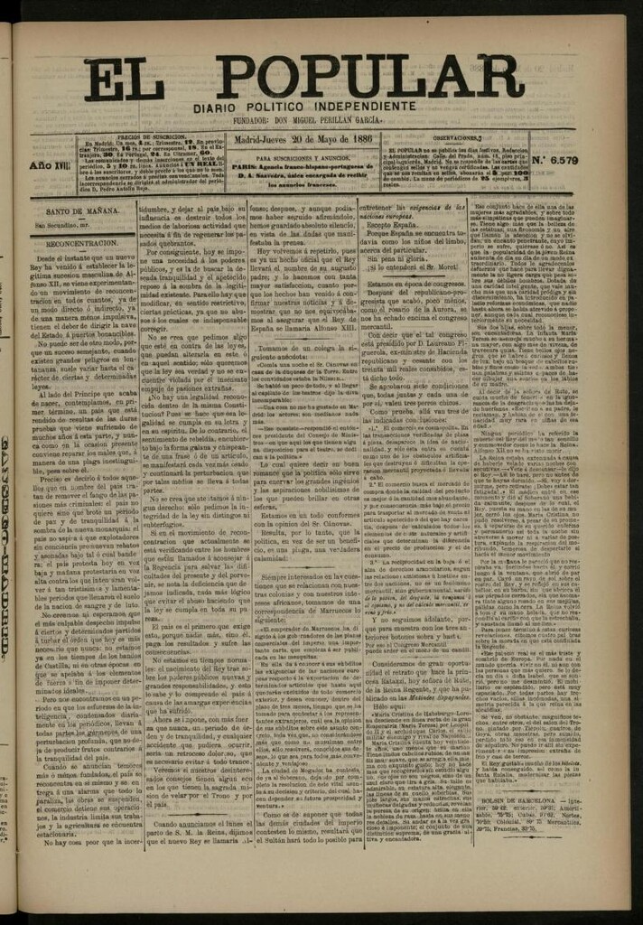 Miniatura de El Popular: diario independiente, político, literario y de noticias de interés general del 20 de mayo de 1886, nº 6579