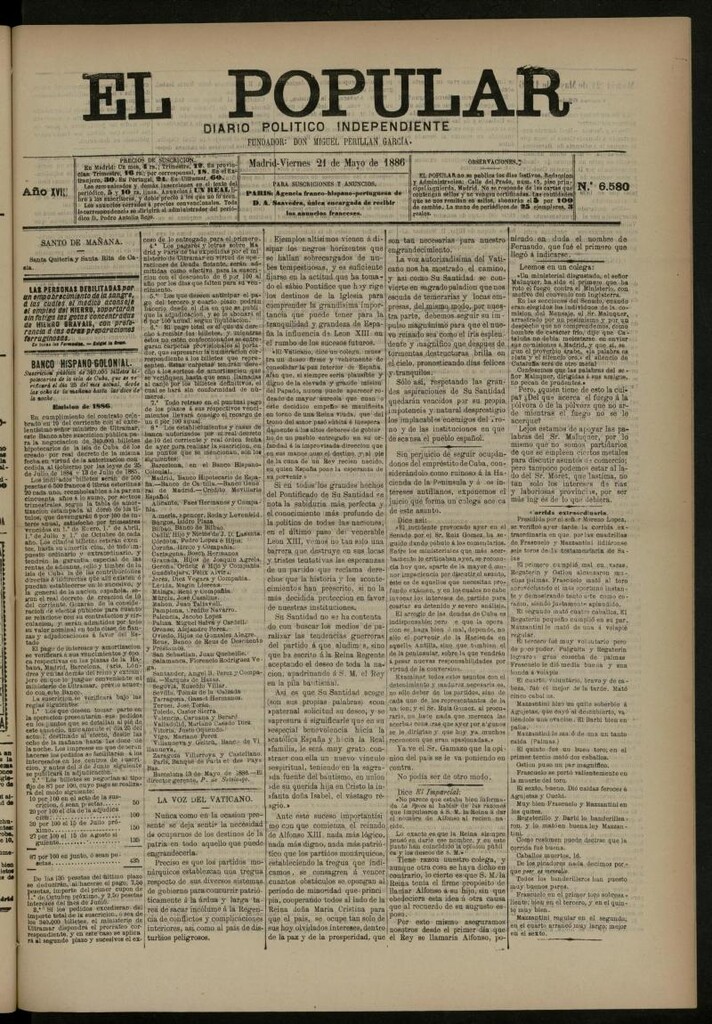 Miniatura de El Popular: diario independiente, político, literario y de noticias de interés general del 21 de mayo de 1886, nº 6580