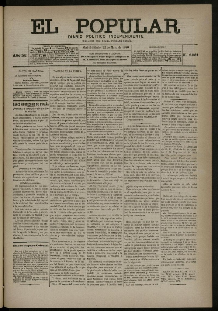 Miniatura de El Popular: diario independiente, político, literario y de noticias de interés general del 22 de mayo de 1886, nº 6581