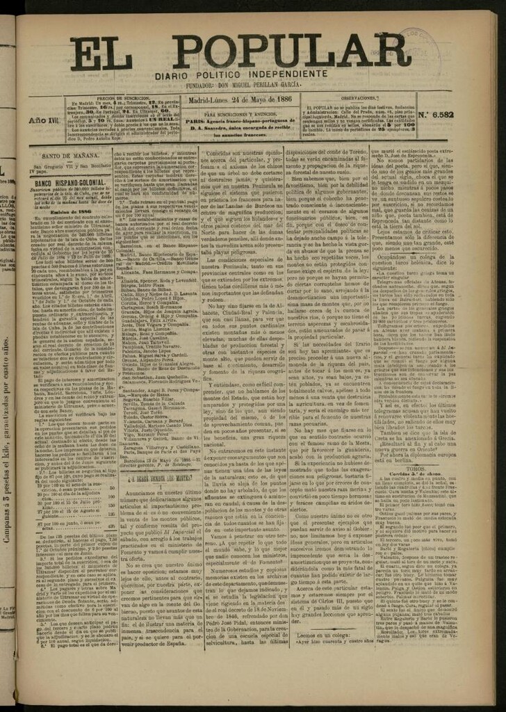 Miniatura de El Popular: diario independiente, político, literario y de noticias de interés general del 24 de mayo de 1886, nº 6582