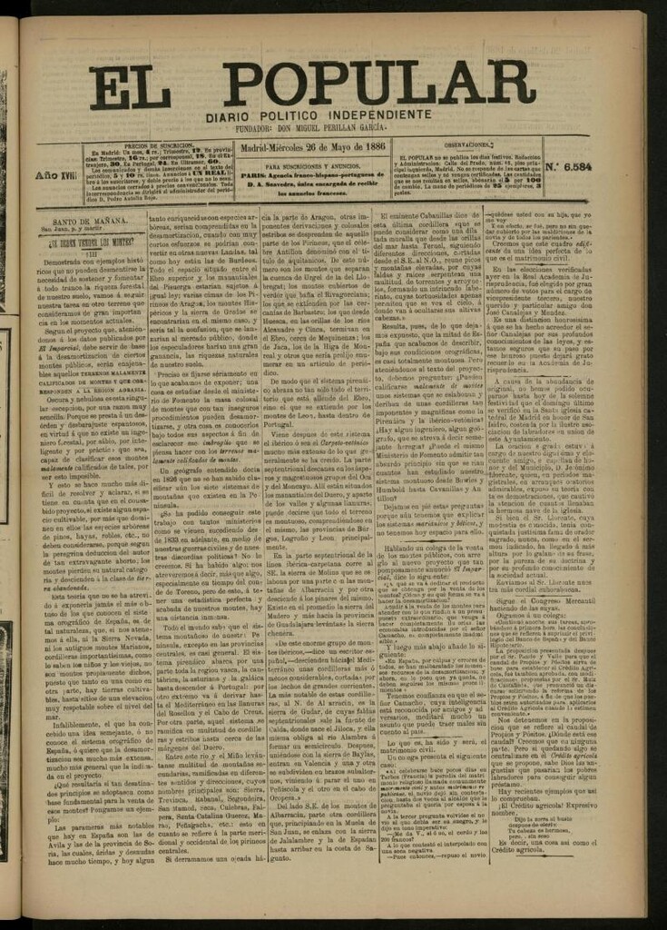 Miniatura de El Popular: diario independiente, político, literario y de noticias de interés general del 26 de mayo de 1886, nº 6584