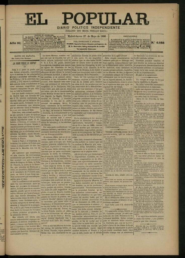 Miniatura de El Popular: diario independiente, político, literario y de noticias de interés general del 27 de mayo de 1886, nº 6585