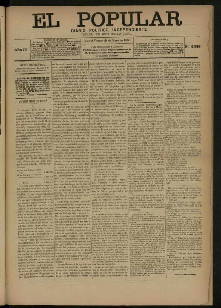 Miniatura de El Popular: diario independiente, político, literario y de noticias de interés general del 28 de mayo de 1886, nº 6586