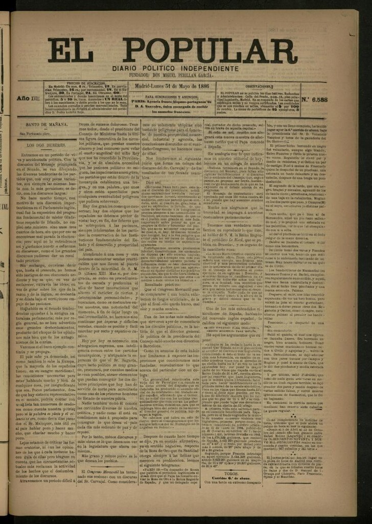 Miniatura de El Popular: diario independiente, político, literario y de noticias de interés general del 31 de mayo de 1886, nº 6588