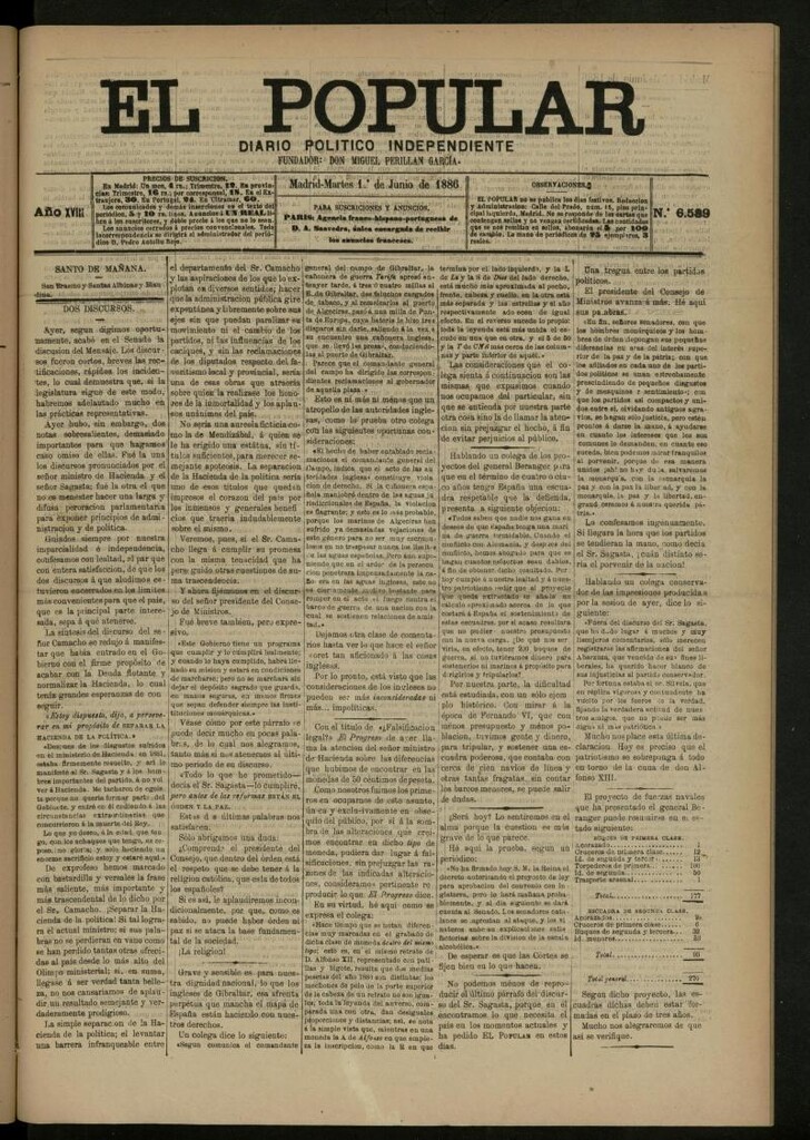 Miniatura de El Popular: diario independiente, político, literario y de noticias de interés general del 1 de junio de 1886, nº 6589