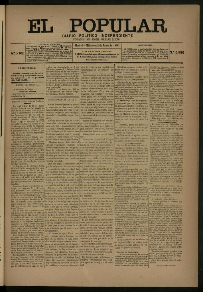 Miniatura de El Popular: diario independiente, político, literario y de noticias de interés general del 2 de junio de 1886, nº 6590