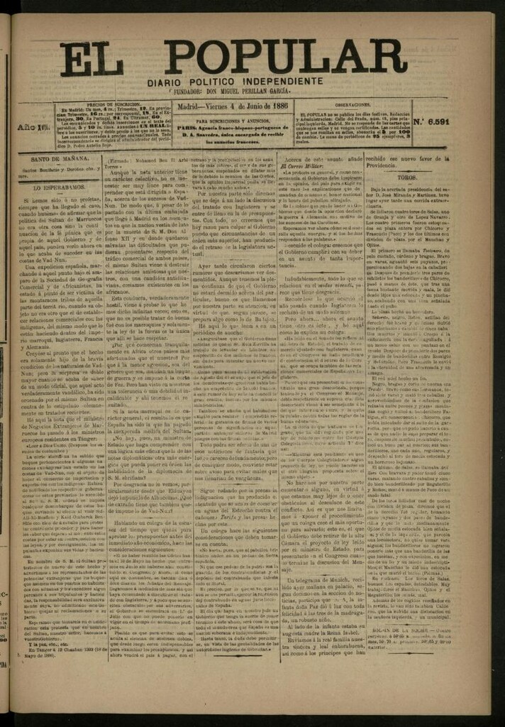 Miniatura de El Popular: diario independiente, político, literario y de noticias de interés general del 4 de junio de 1886, nº 6591