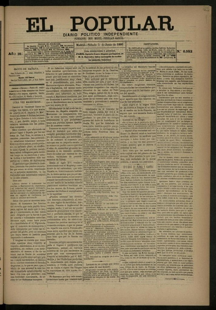 Miniatura de El Popular: diario independiente, político, literario y de noticias de interés general del 5 de junio de 1886, nº 6592