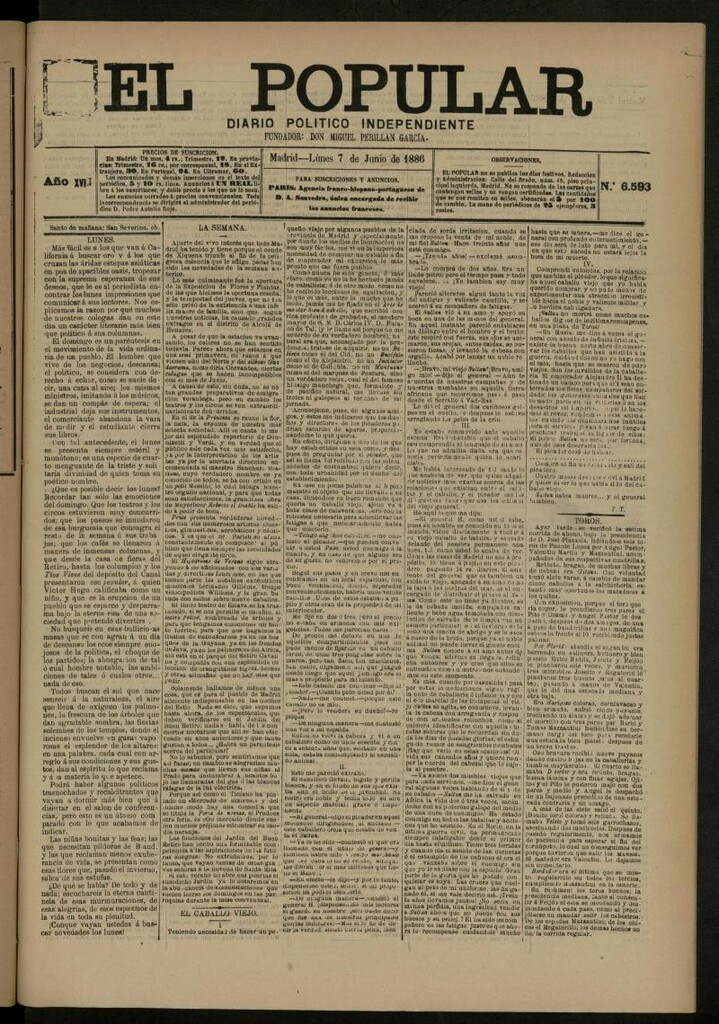 Miniatura de El Popular: diario independiente, político, literario y de noticias de interés general del 7 de junio de 1886, nº 6593