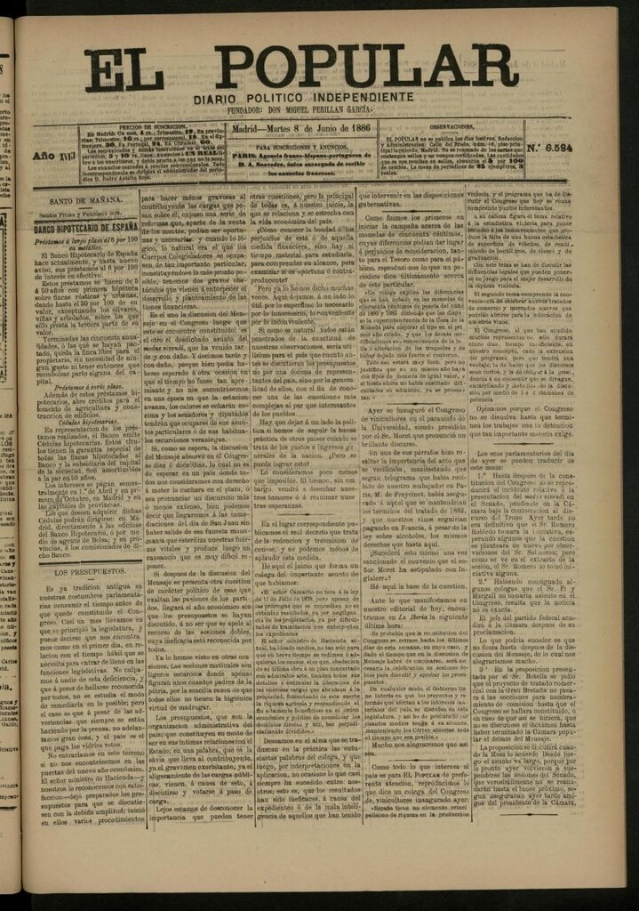 Miniatura de El Popular: diario independiente, político, literario y de noticias de interés general del 8 de junio de 1886, nº 6594