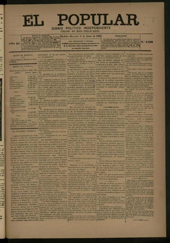 Miniatura de El Popular: diario independiente, político, literario y de noticias de interés general del 9 de junio de 1886, nº 6595