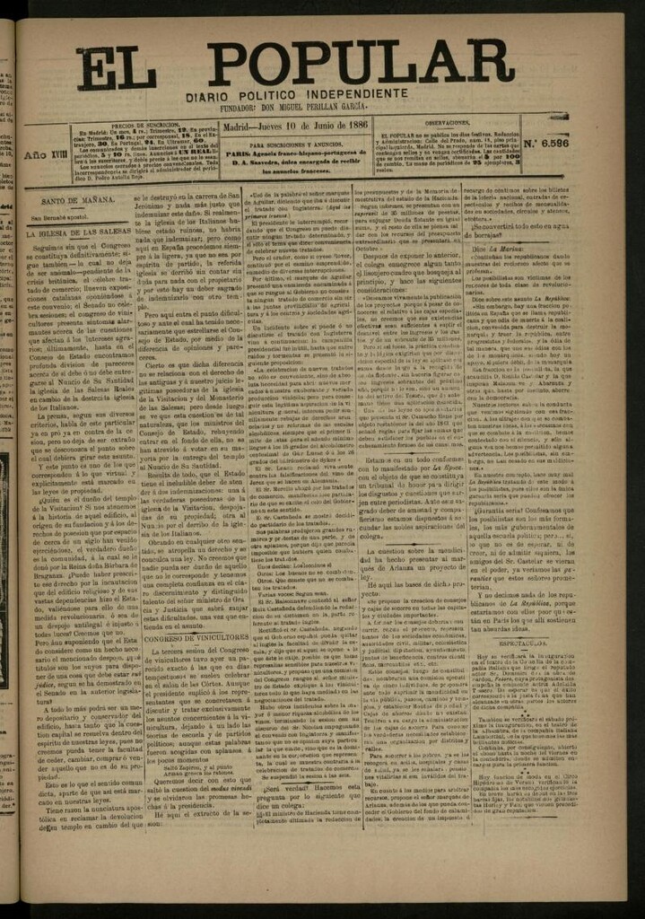 Miniatura de El Popular: diario independiente, político, literario y de noticias de interés general del 10 de junio de 1886, nº 6596