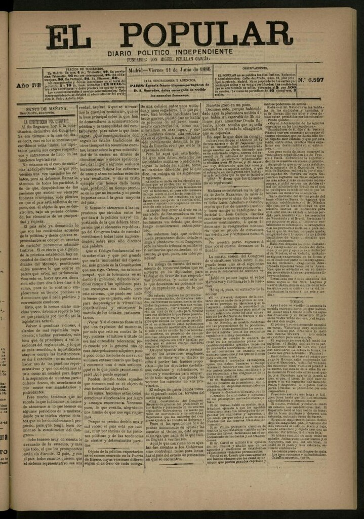 Miniatura de El Popular: diario independiente, político, literario y de noticias de interés general del 11 de junio de 1886, nº 6597