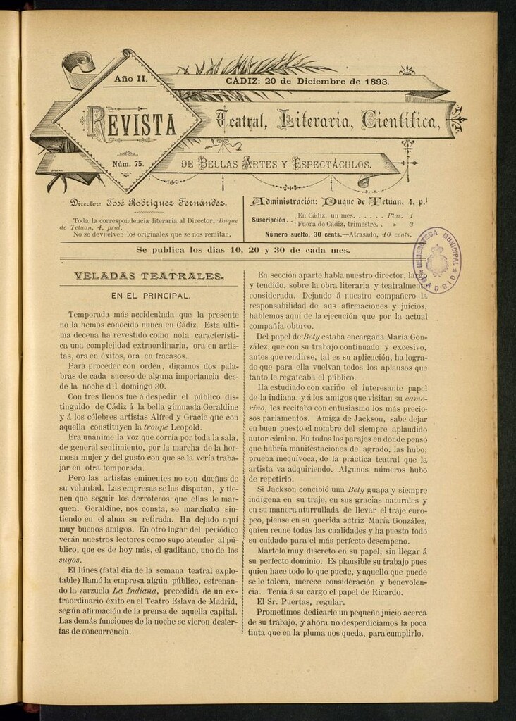 Miniatura de Revista Teatral, Literaria, Científica, de Bellas Artes y Espectáculos. Nº 75