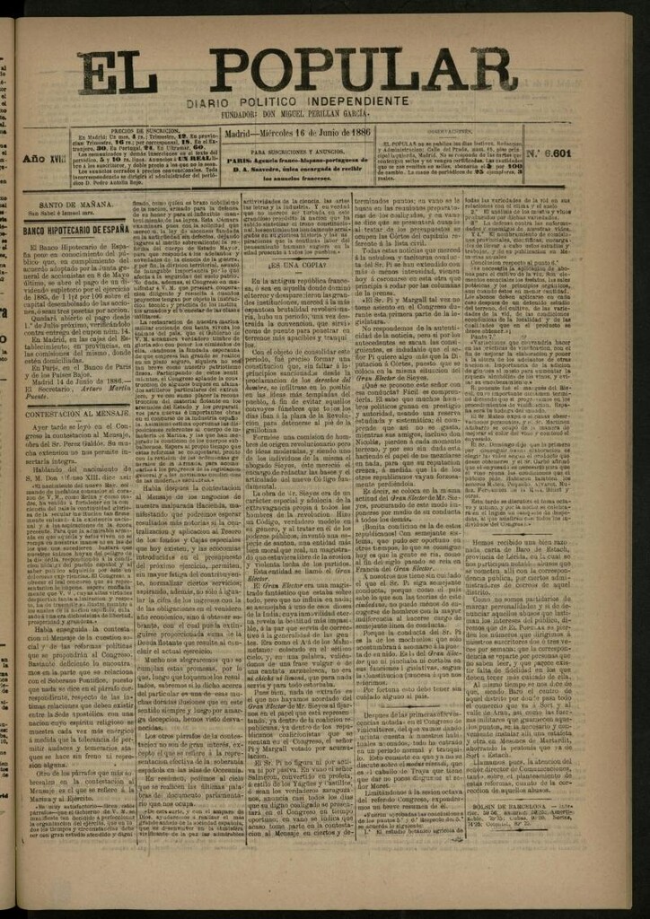 Miniatura de El Popular: diario independiente, político, literario y de noticias de interés general del 16 de junio de 1886, nº 6601