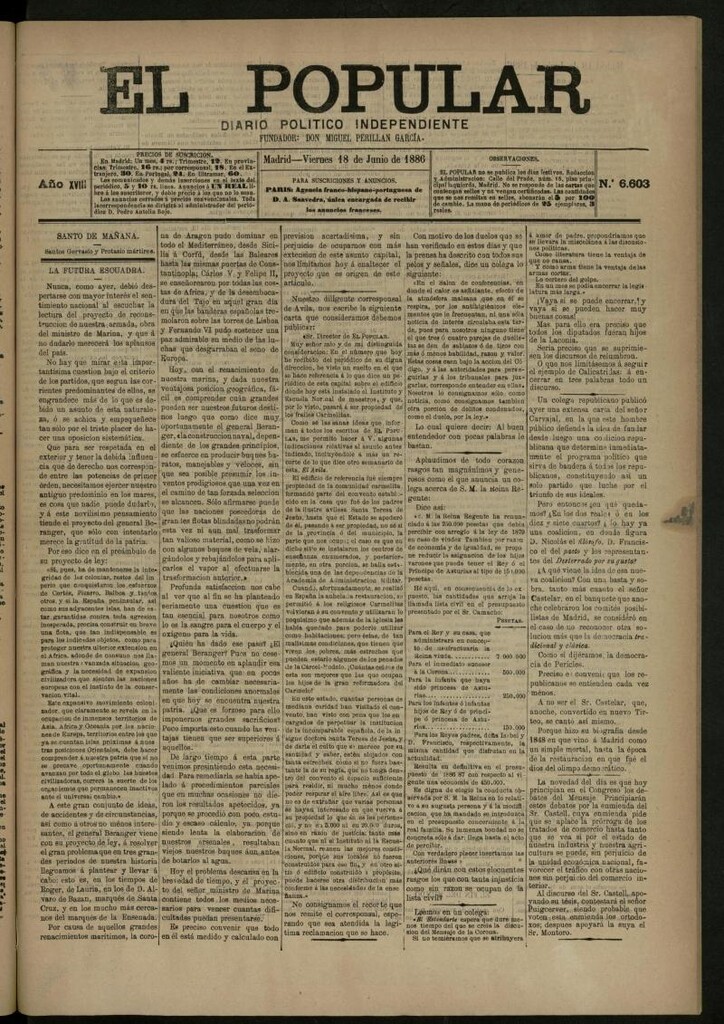 Miniatura de El Popular: diario independiente, político, literario y de noticias de interés general del 18 de junio de 1886, nº 6603