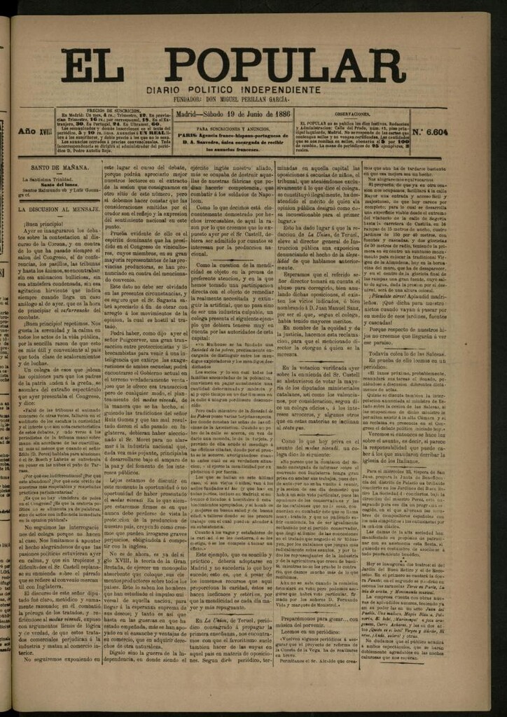 Miniatura de El Popular: diario independiente, político, literario y de noticias de interés general del 19 de junio de 1886, nº 6604