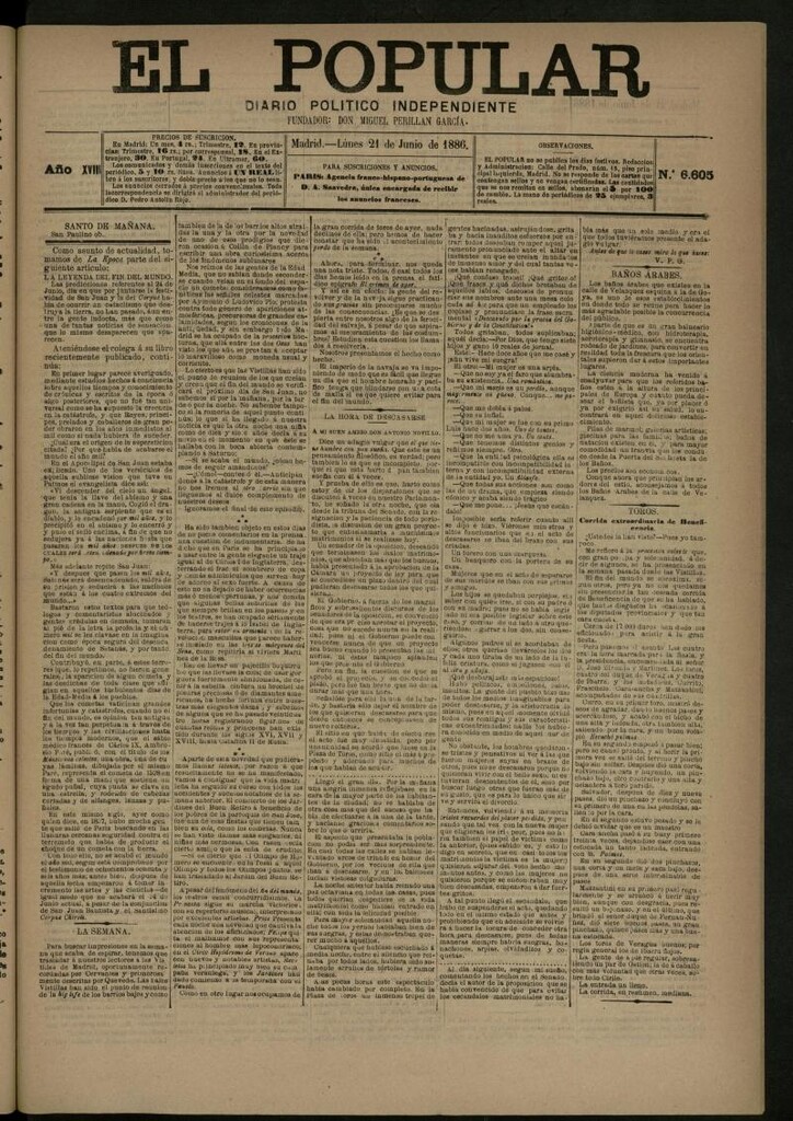 Miniatura de El Popular: diario independiente, político, literario y de noticias de interés general del 21 de junio de 1886, nº 6605