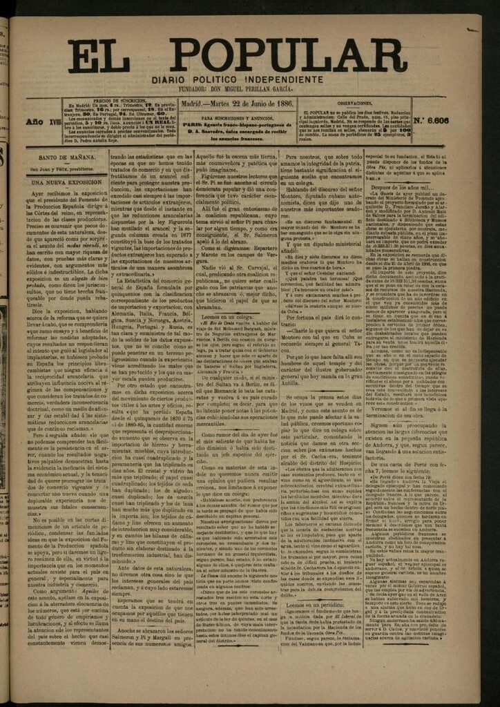Miniatura de El Popular: diario independiente, político, literario y de noticias de interés general del 22 de junio de 1886, nº 6606