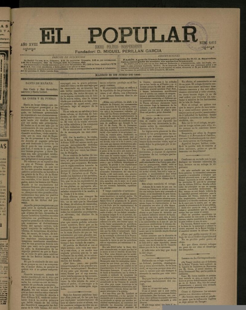 Miniatura de El Popular: diario independiente, político, literario y de noticias de interés general del 30 de junio de 1886, nº 6611