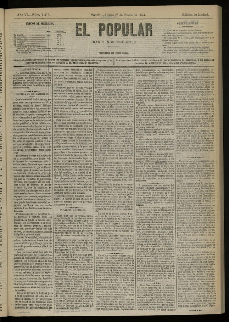 Miniatura de El Popular: diario independiente, político, literario y de noticias de interés general del 26 de enero de 1874, nº 1413