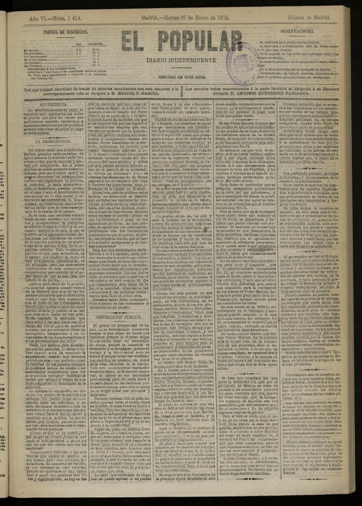 Miniatura de El Popular: diario independiente, político, literario y de noticias de interés general del 27 de enero de 1874, nº 1414