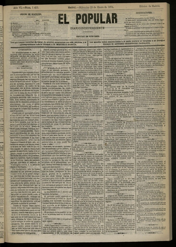 Miniatura de El Popular: diario independiente, político, literario y de noticias de interés general del 28 de enero de 1874, nº 1415