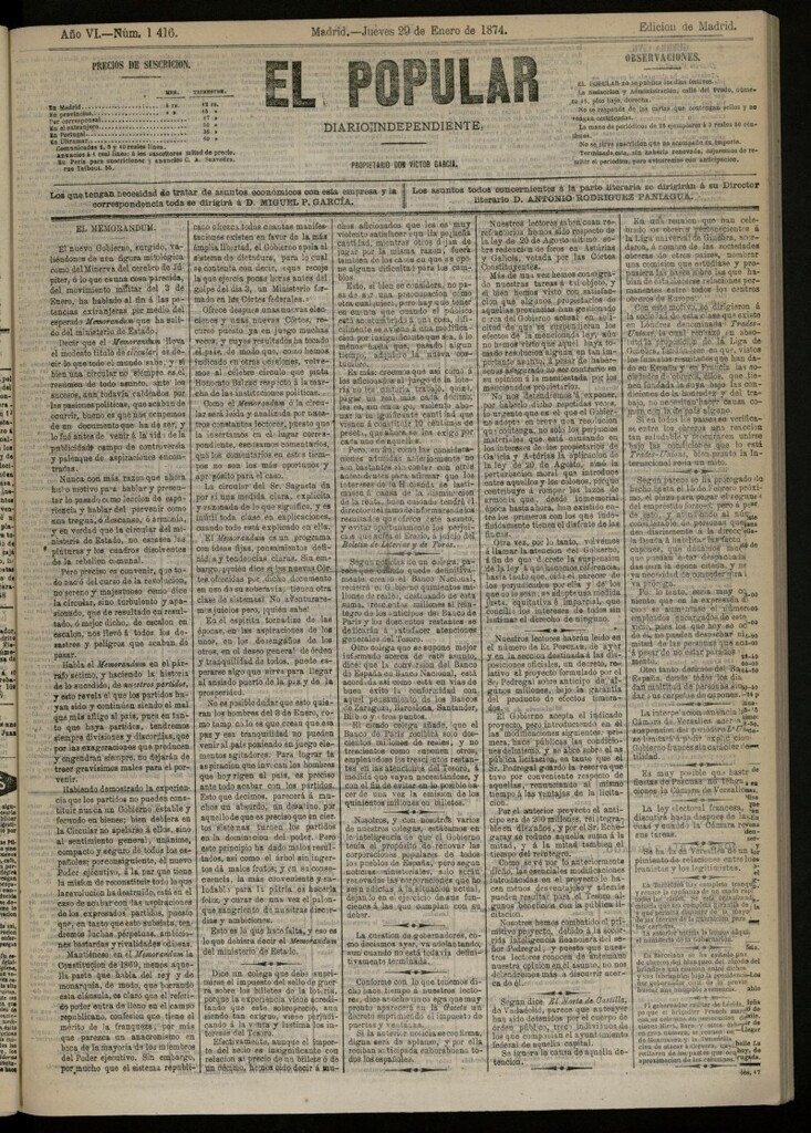 Miniatura de El Popular: diario independiente, político, literario y de noticias de interés general del 29 de enero de 1874, nº 1416