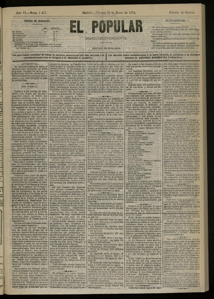Miniatura de El Popular: diario independiente, político, literario y de noticias de interés general del 30 de enero de 1874, nº 1417