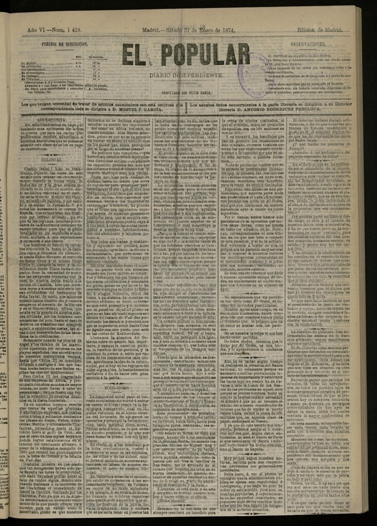 Miniatura de El Popular: diario independiente, político, literario y de noticias de interés general del 31 de enero de 1874, nº 1418
