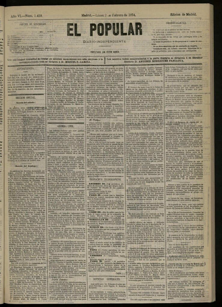 Miniatura de El Popular: diario independiente, político, literario y de noticias de interés general del 2 de febrero de 1874, nº 1419