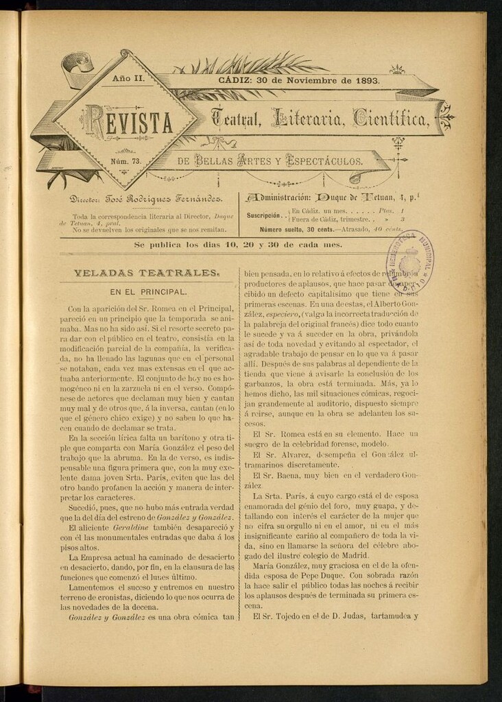 Miniatura de Revista Teatral, Literaria, Científica, de Bellas Artes y Espectáculos. Nº 73