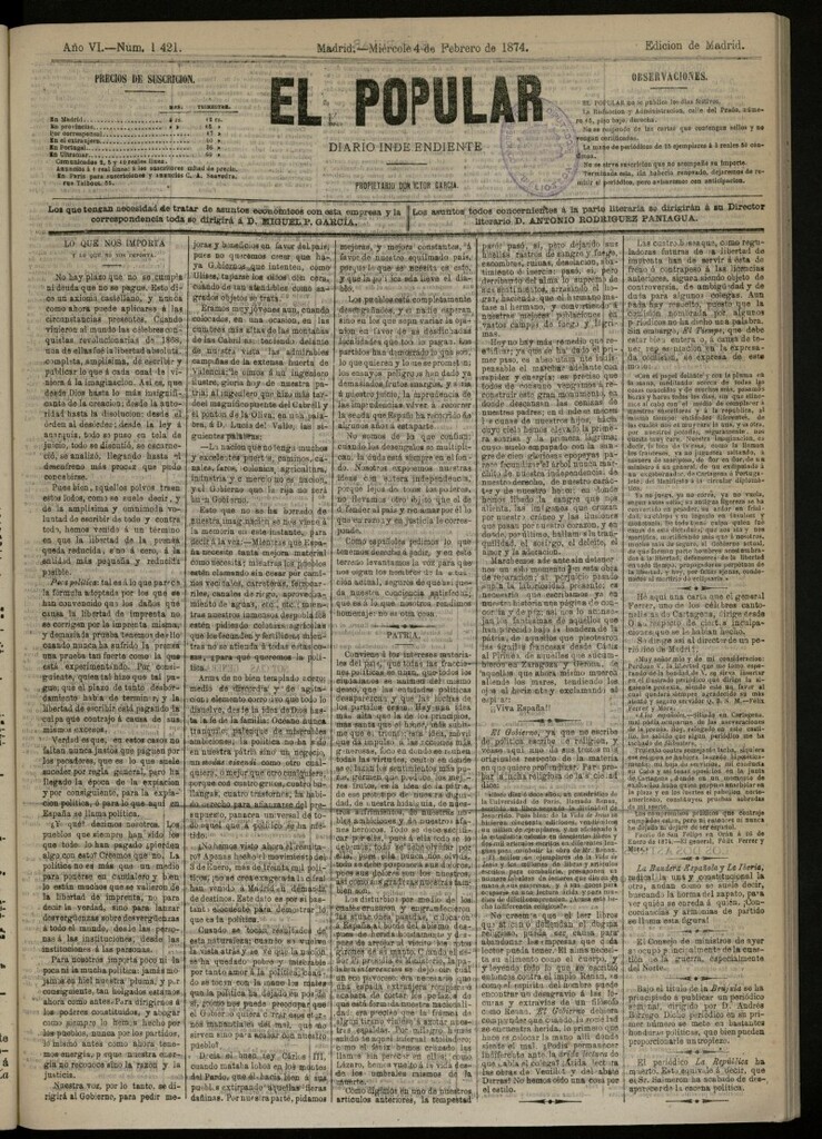 Miniatura de El Popular: diario independiente, político, literario y de noticias de interés general del 4 de febrero de 1874, nº 1421