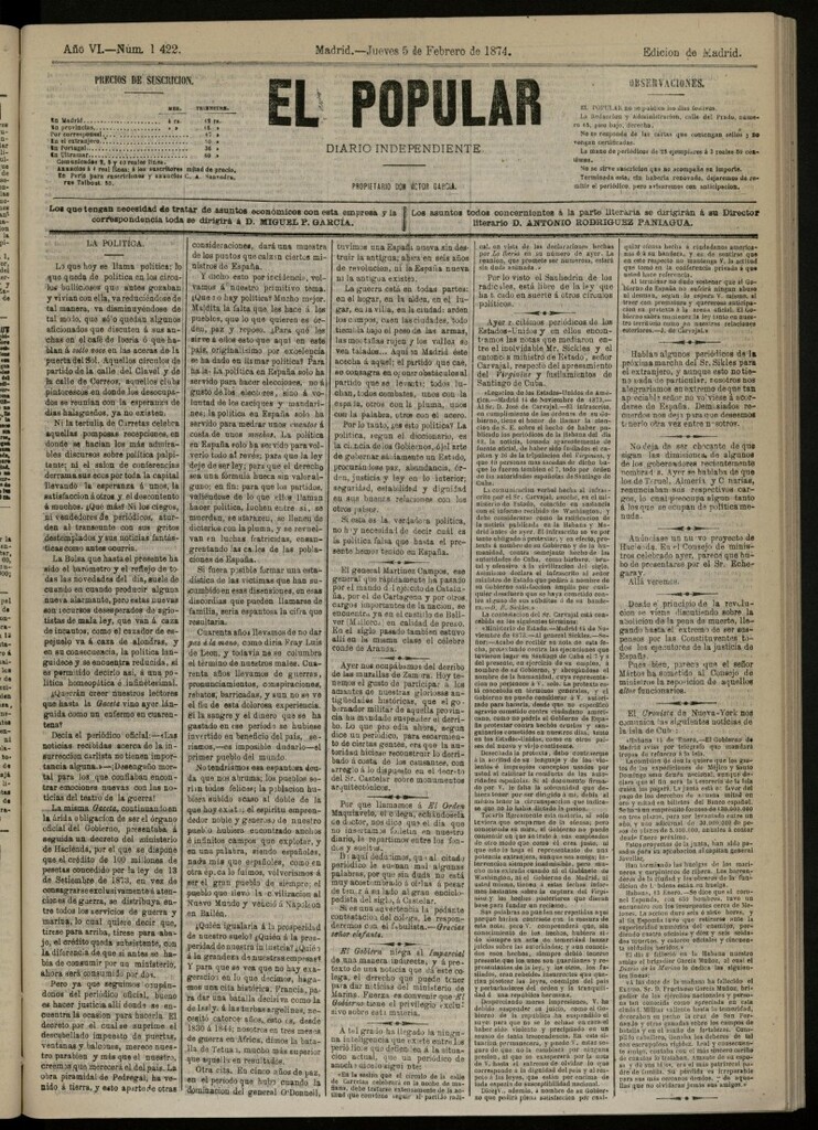 Miniatura de El Popular: diario independiente, político, literario y de noticias de interés general del 5 de febrero de 1874, nº 1422