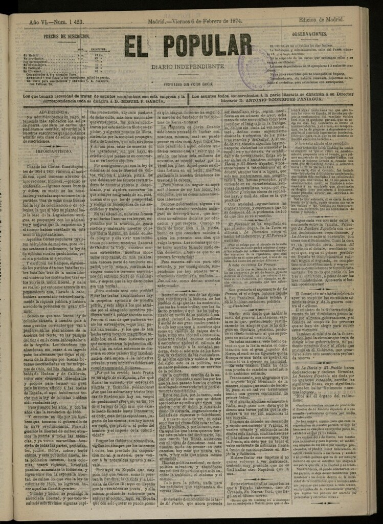Miniatura de El Popular: diario independiente, político, literario y de noticias de interés general del 6 de febrero de 1874, nº 1423