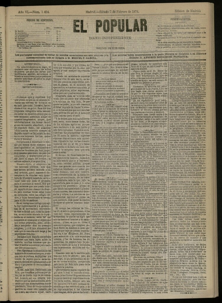 Miniatura de El Popular: diario independiente, político, literario y de noticias de interés general del 7 de febrero de 1874, nº 1424