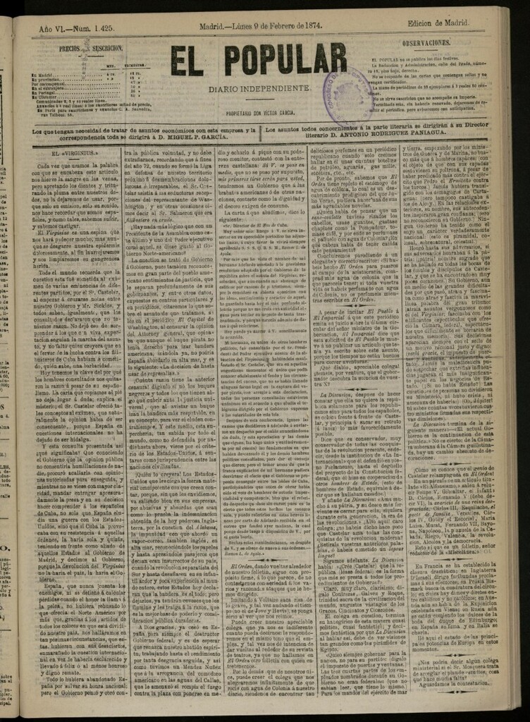 Miniatura de El Popular: diario independiente, político, literario y de noticias de interés general del 9 de febrero de 1874, nº 1425