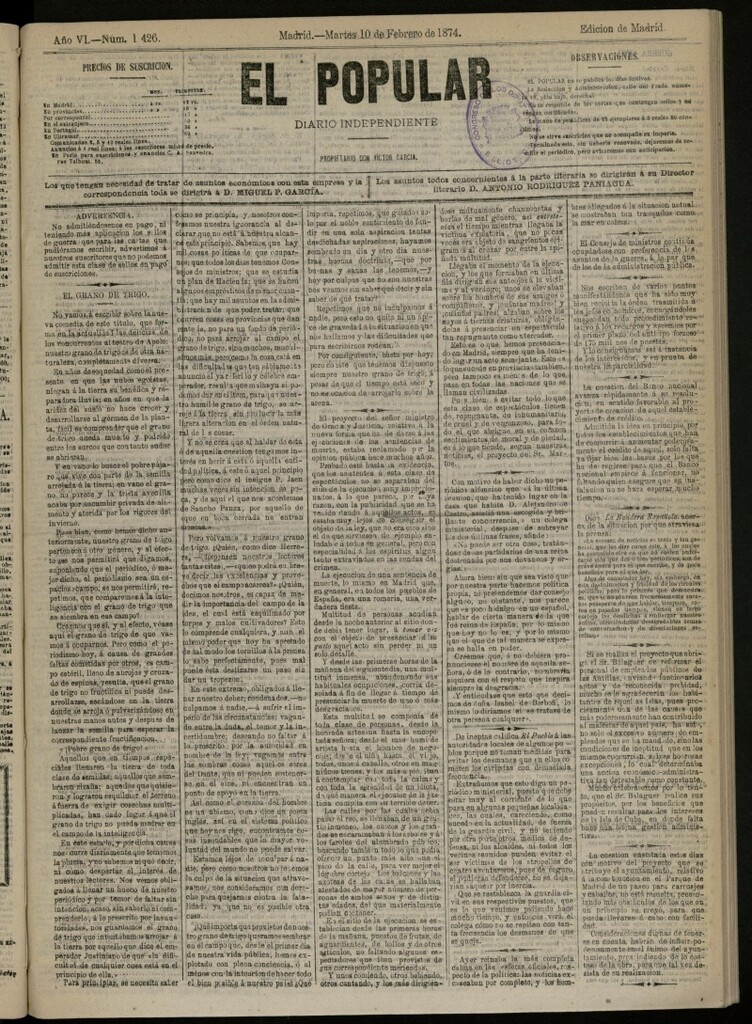 Miniatura de El Popular: diario independiente, político, literario y de noticias de interés general del 10 de febrero de 1874, nº 1426