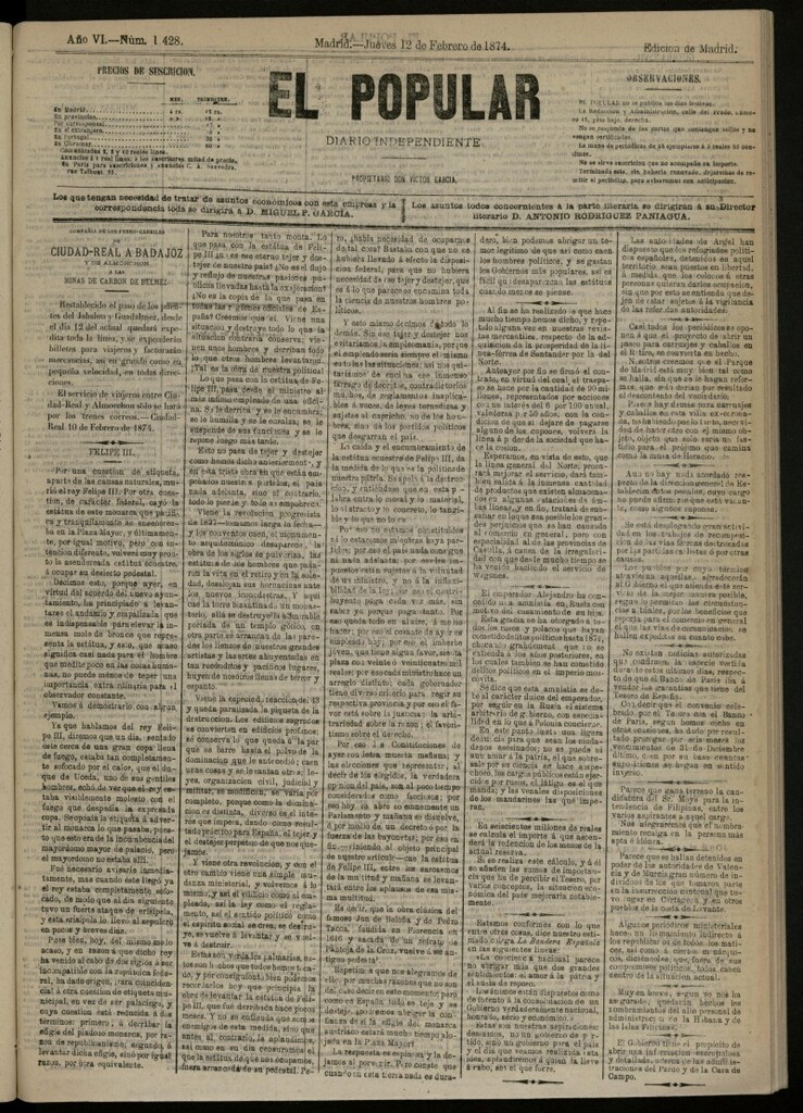Miniatura de El Popular: diario independiente, político, literario y de noticias de interés general del 12 de febrero de 1874, nº 1428