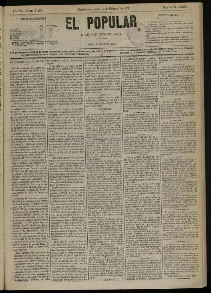 Miniatura de El Popular: diario independiente, político, literario y de noticias de interés general del 13 de febrero de 1874, nº 1429