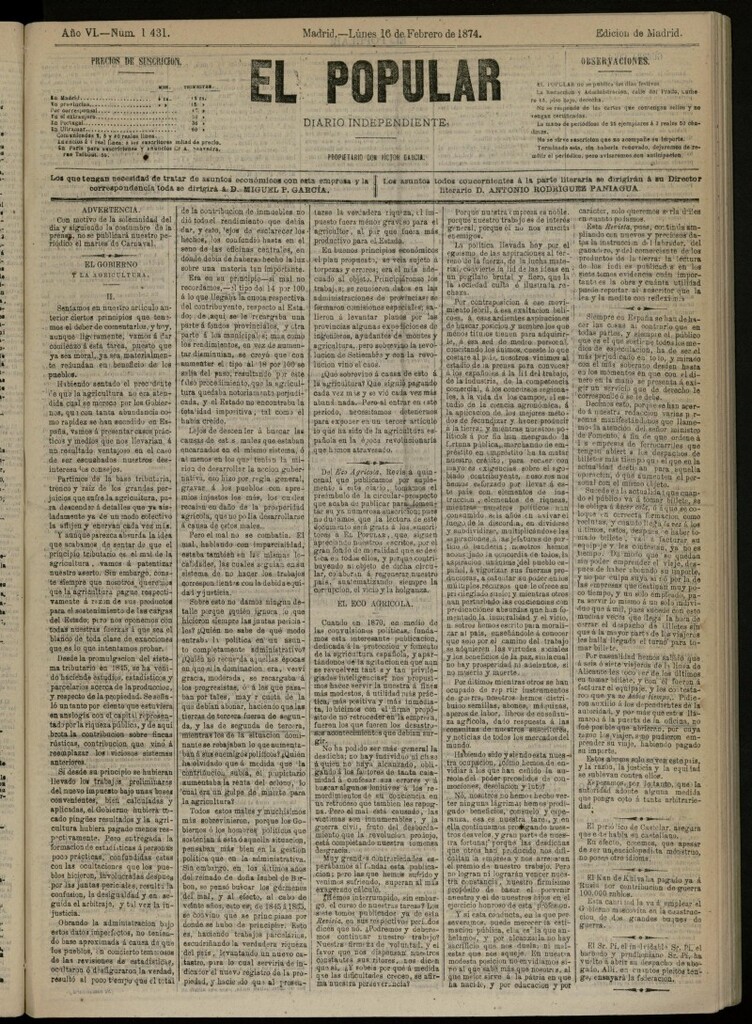 Miniatura de El Popular: diario independiente, político, literario y de noticias de interés general del 16 de febrero de 1874, nº 1431