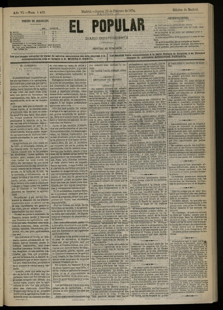 Miniatura de El Popular: diario independiente, político, literario y de noticias de interés general del 19 de febrero de 1874, nº 1433