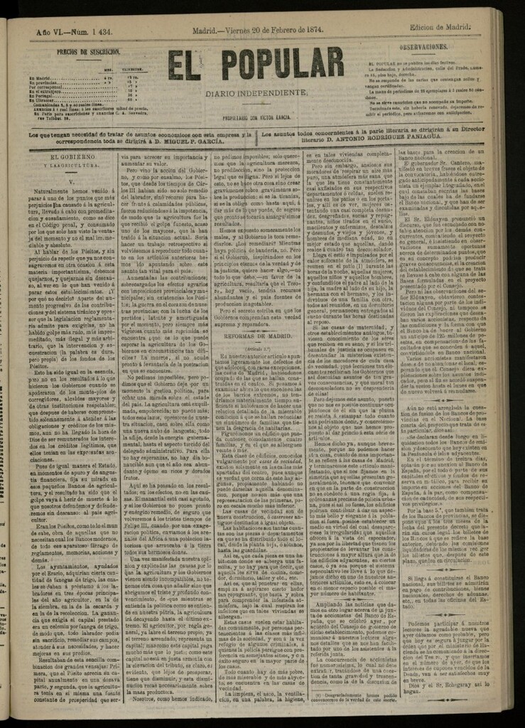 Miniatura de El Popular: diario independiente, político, literario y de noticias de interés general del 20 de febrero de 1874, nº 1434