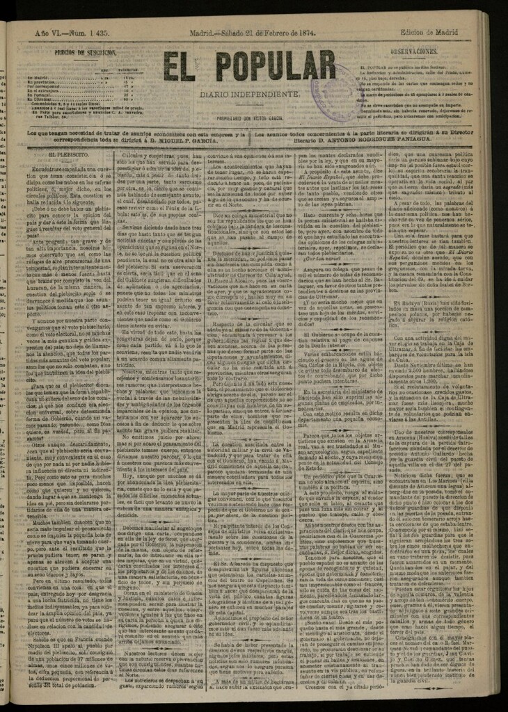 Miniatura de El Popular: diario independiente, político, literario y de noticias de interés general del 21 de febrero de 1874, nº 1435