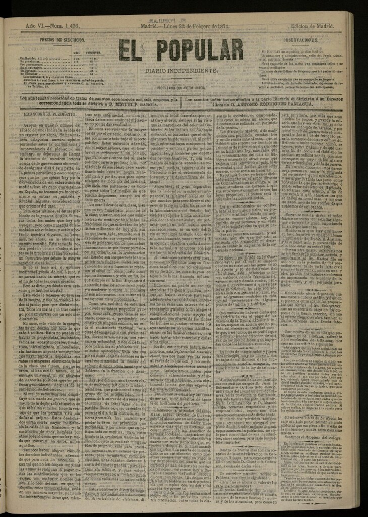 Miniatura de El Popular: diario independiente, político, literario y de noticias de interés general del 23 de febrero de 1874, nº 1436