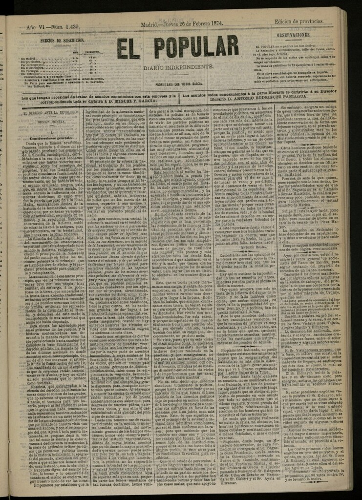 Miniatura de El Popular: diario independiente, político, literario y de noticias de interés general del 26 de febrero de 1874, nº 1439