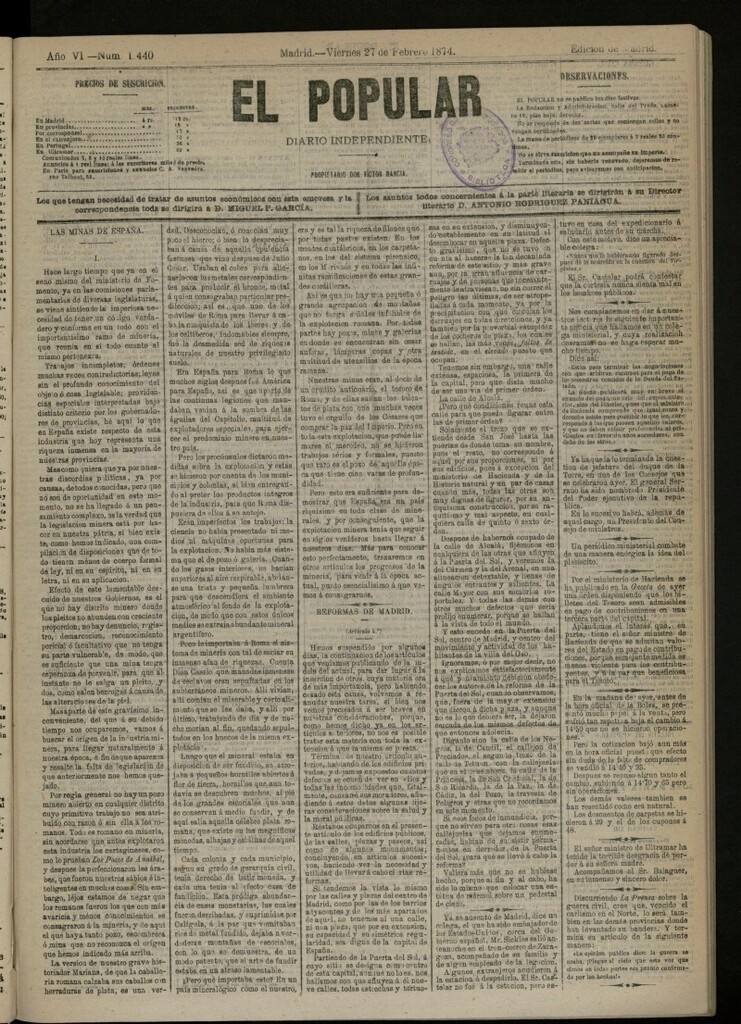 Miniatura de El Popular: diario independiente, político, literario y de noticias de interés general del 27 de febrero de 1874, nº 1440